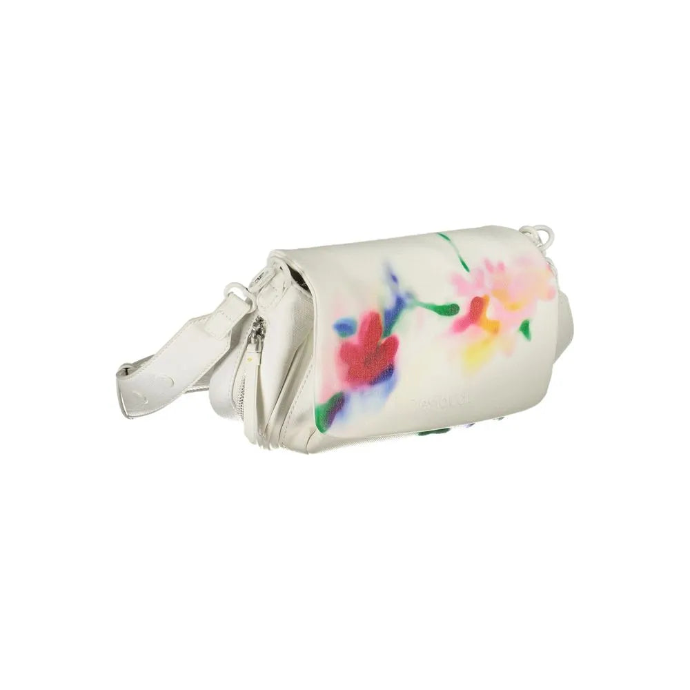 Bianco Desigual polyurethane women's shoulder bag with vibrant floral print and adjustable strap.