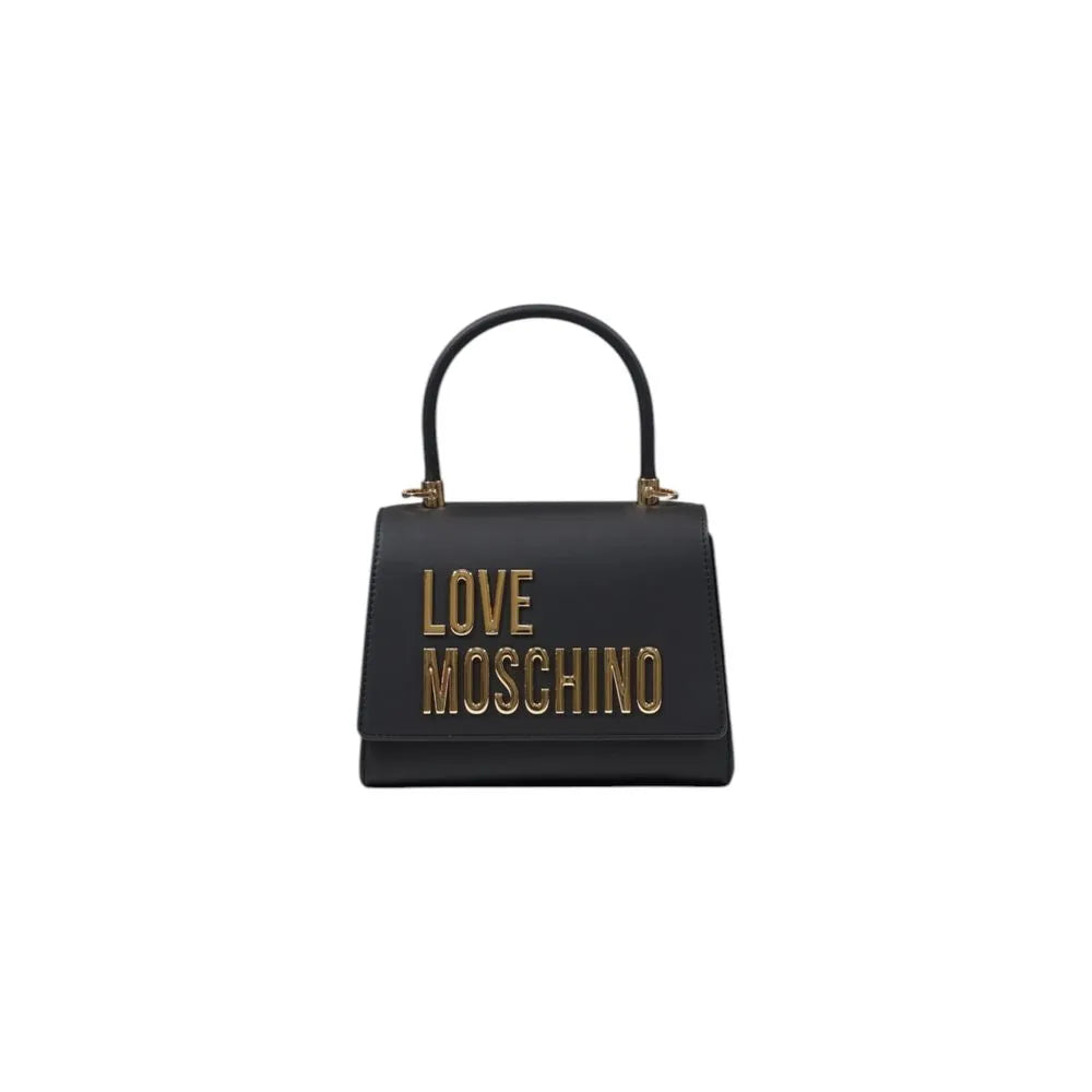 Structured black polyurethane Love Moschino handbag with gold logo and rigid top handle.