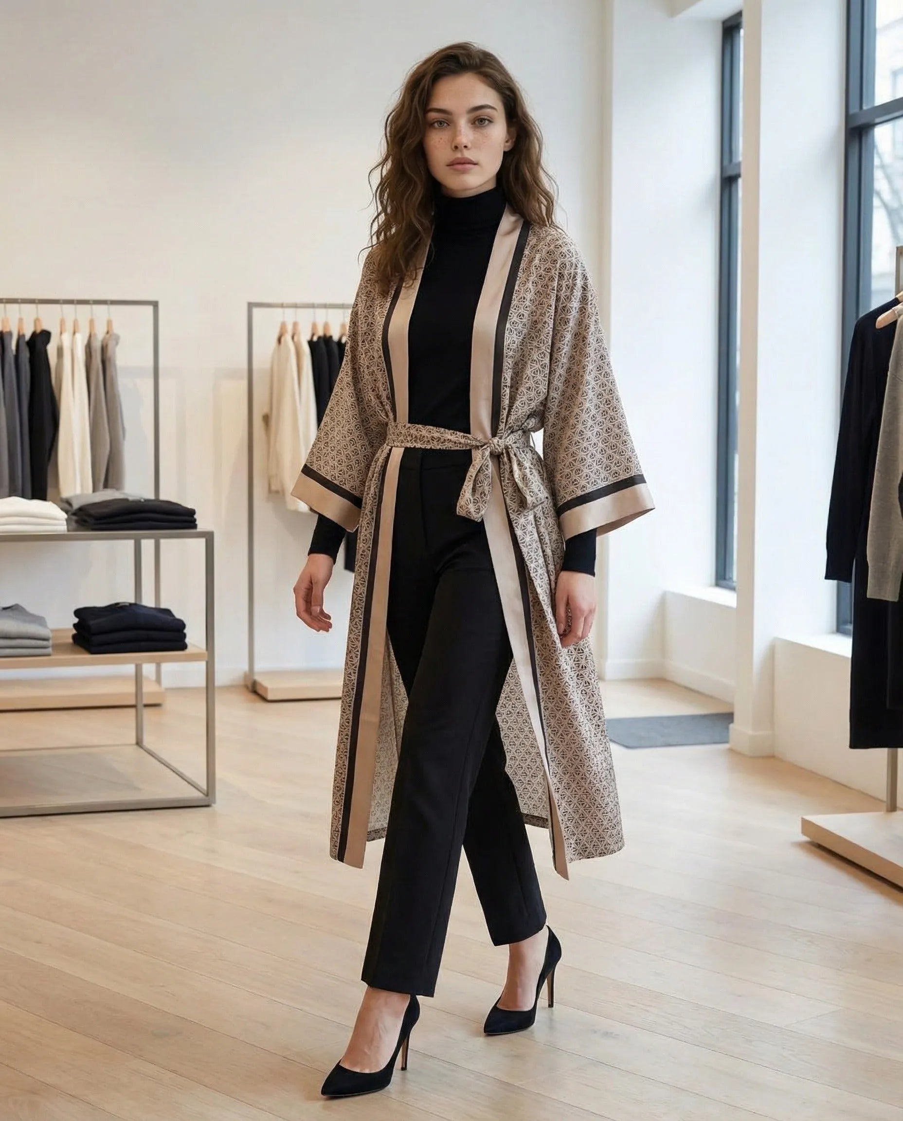 Elegant Brunello Cucinelli antracite and beige silk robe with geometric pattern and belted waist.