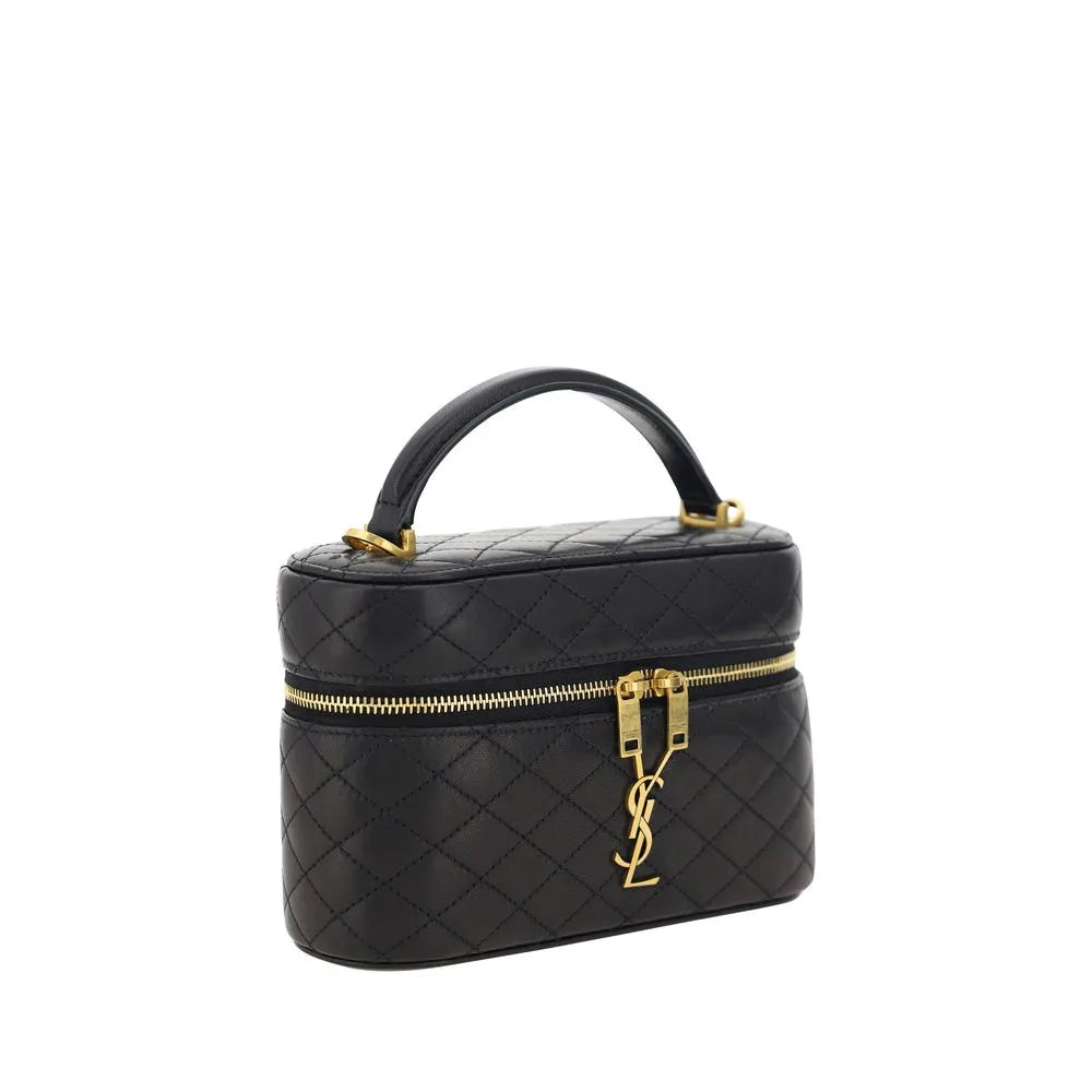 Black quilted calf leather Saint Laurent Vanity Gaby handbag with top handle and gold YSL logo zipper pulls.