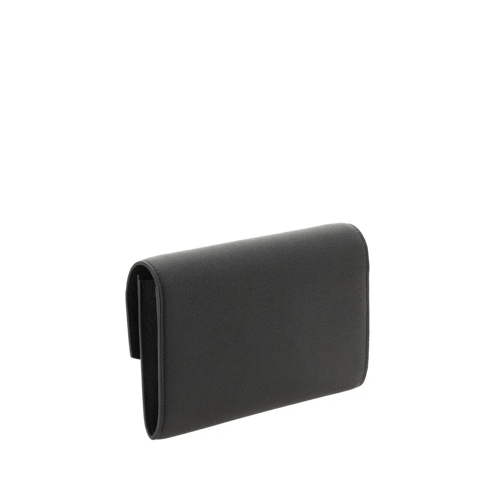 Black calf leather compact bag with a sleek, minimalist design and subtle texture.