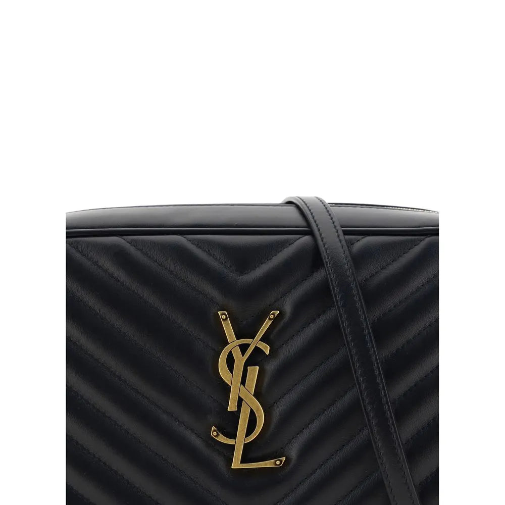 Black calfskin Saint Laurent LouLou shoulder bag with chevron quilting and gold YSL logo plaque.