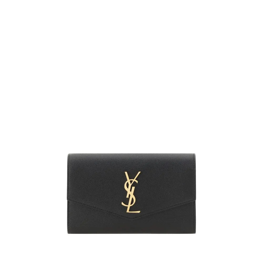 Saint Laurent black calf leather chain wallet with gold YSL logo on front flap.