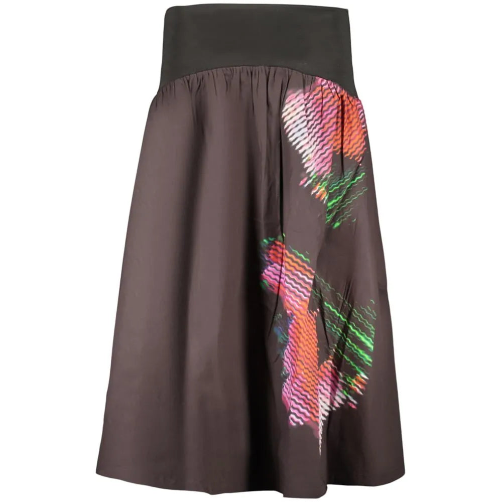 Black Desigual women's long cotton blend skirt with a wide waistband and vibrant abstract pink, orange, green wavy print.
