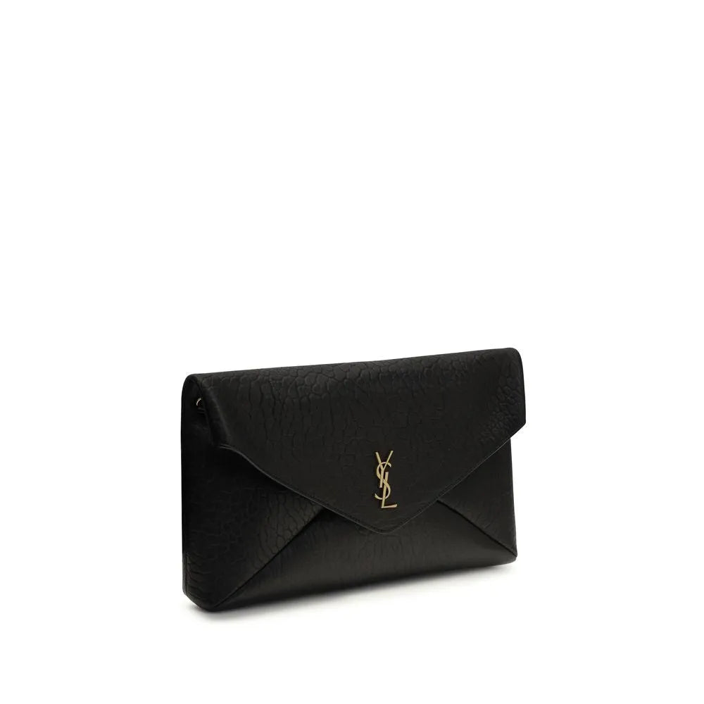 Black textured lambskin Saint Laurent Cassandre envelope clutch bag with gold YSL logo.