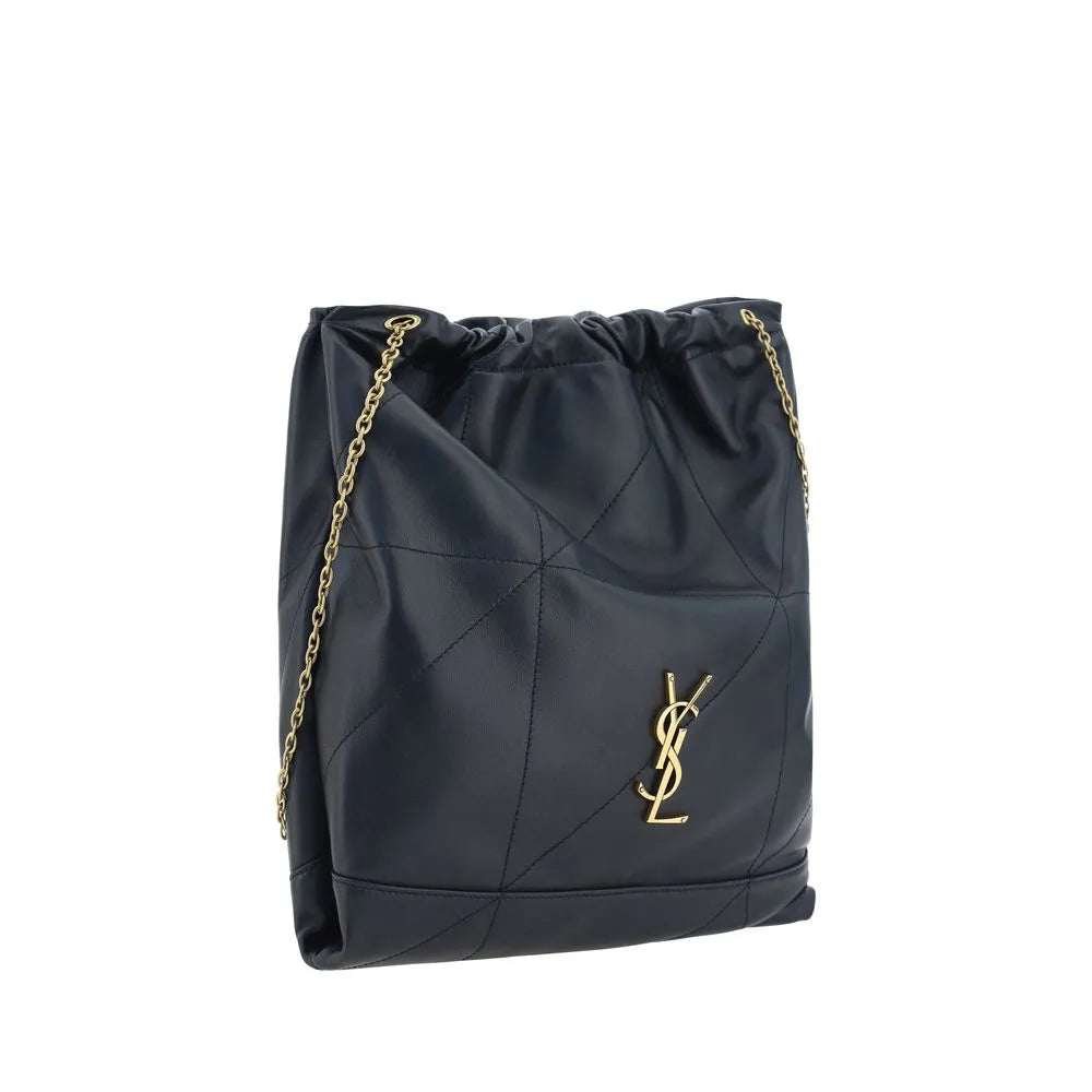 Black lambskin Saint Laurent bucket bag featuring a quilted design, drawstring closure, gold YSL logo, and chain strap.