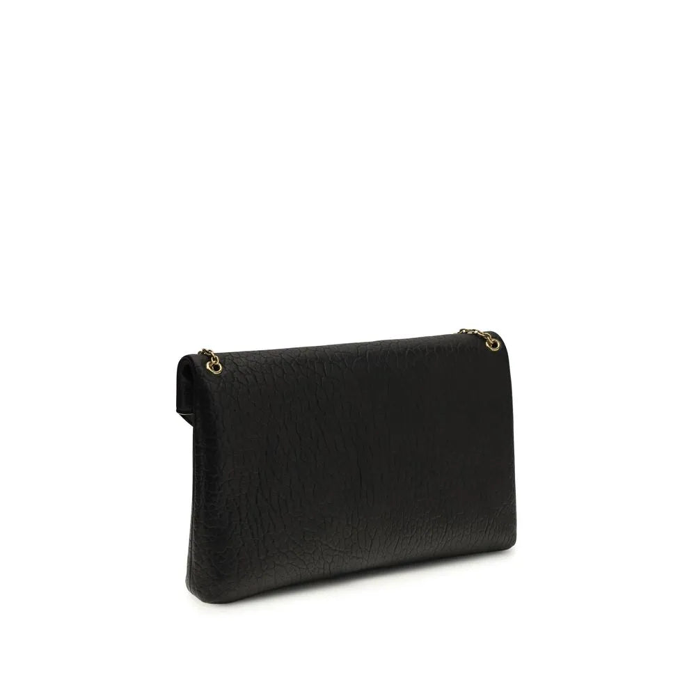 Black textured lambskin Saint Laurent Cassandre shoulder bag with gold chain strap.
