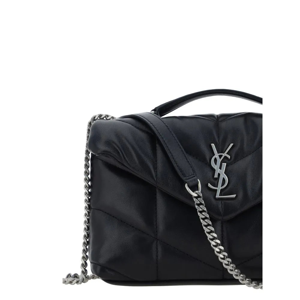 Black lambskin mini shoulder bag with padded quilted chevron design, silver YSL logo plaque, top handle, and chain strap.