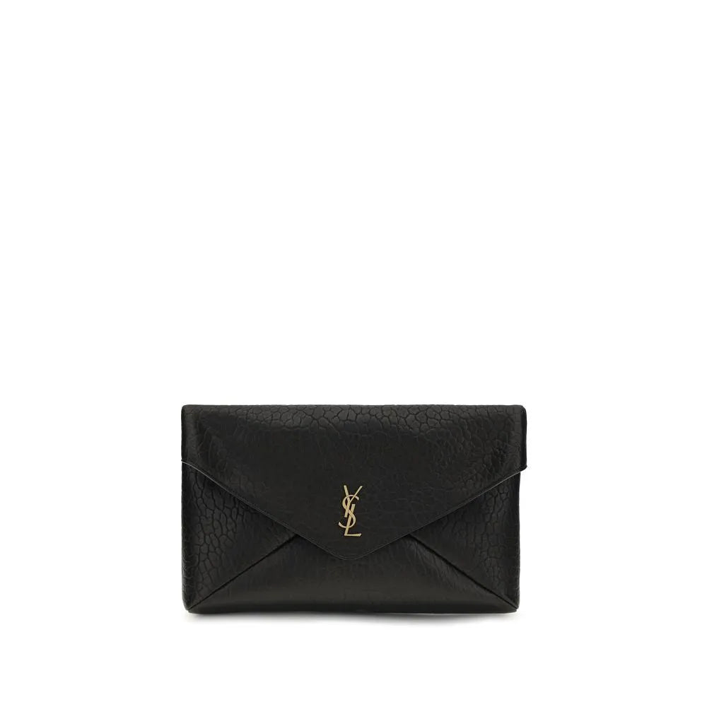 Black Saint Laurent Cassandre envelope clutch bag in pebbled lambskin with gold YSL logo.