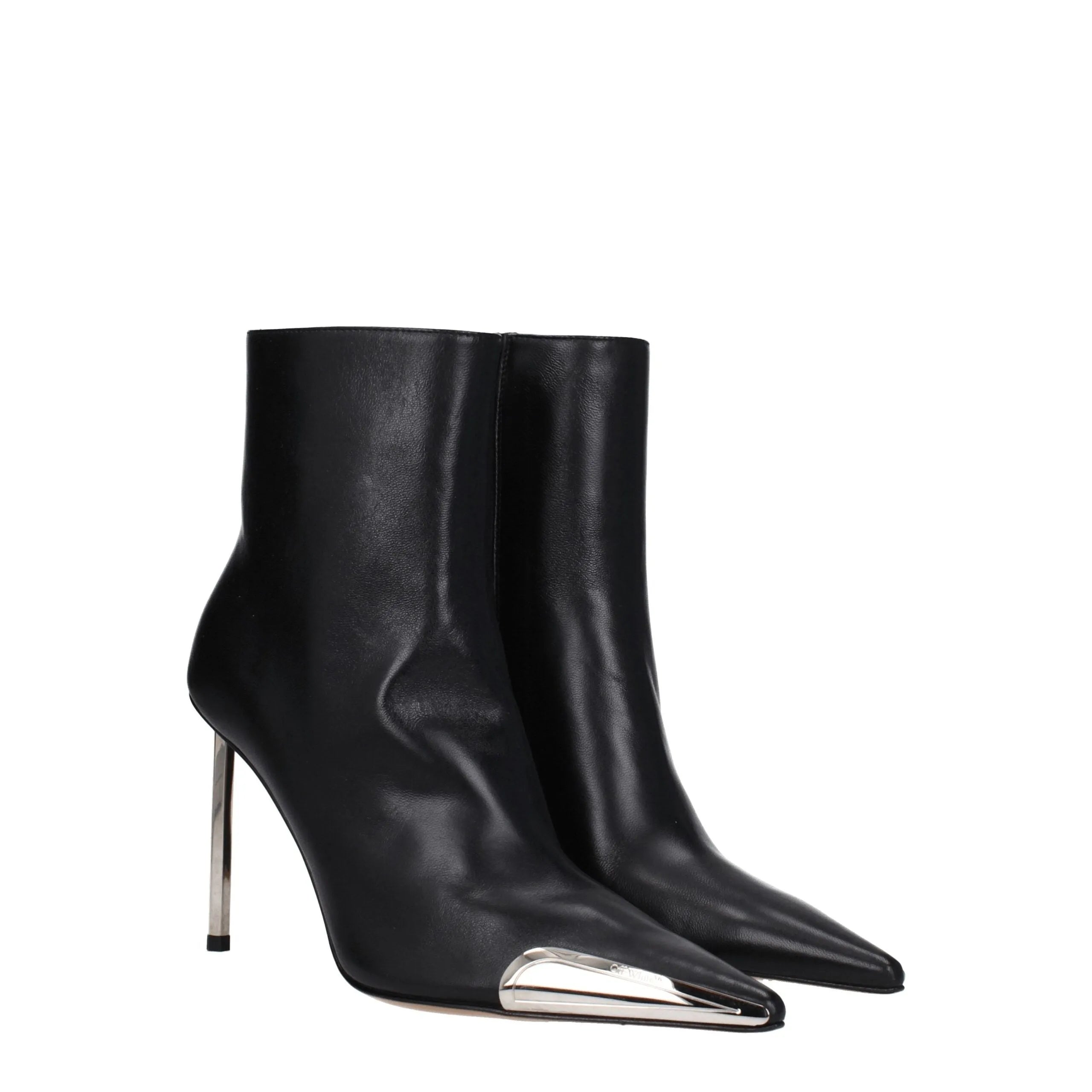 Black leather Off-White ankle boots featuring a silver metallic pointy toe cap and sleek stiletto heels.