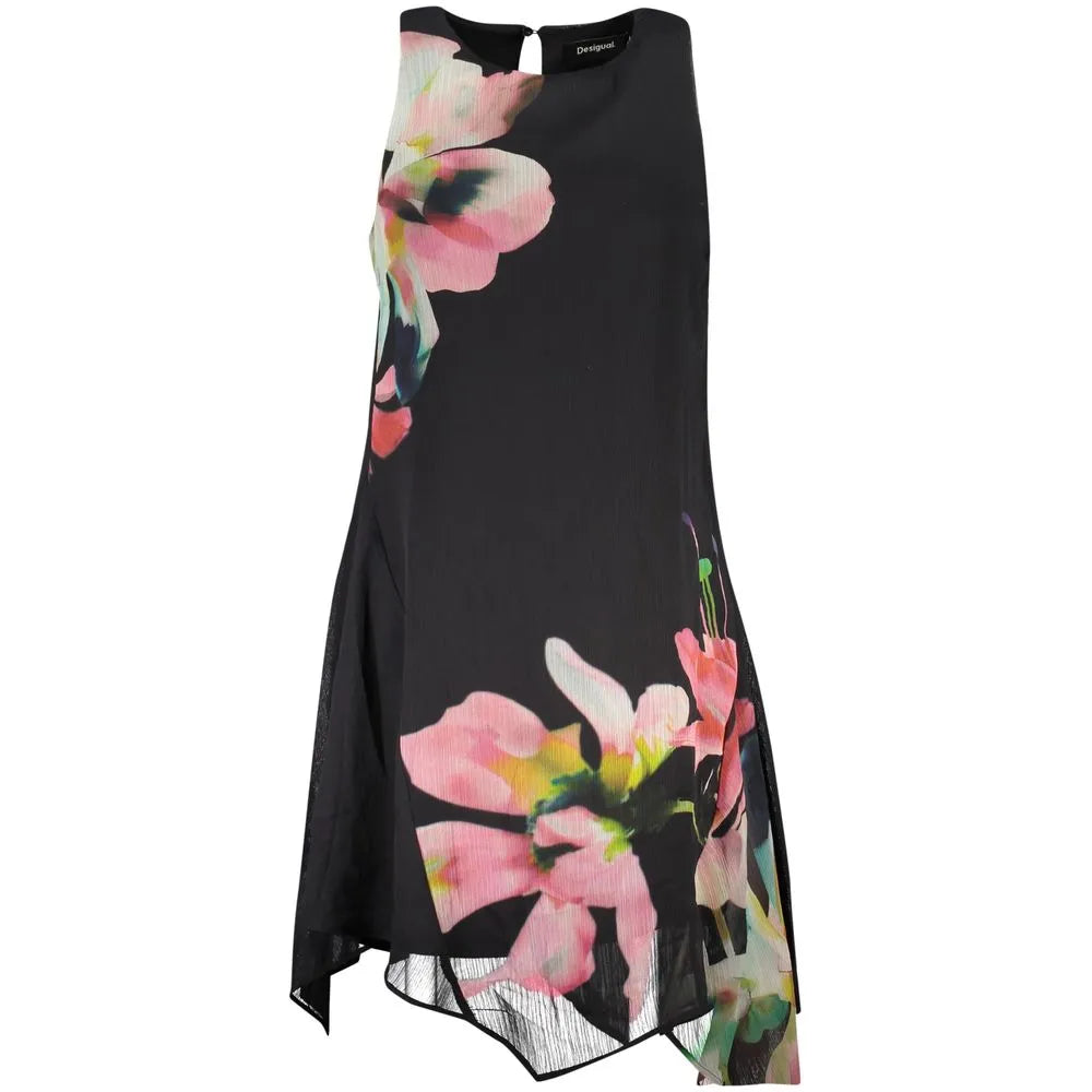 Black Desigual NALA polyester dress with vibrant pink floral print, crew neck, and asymmetrical hem.