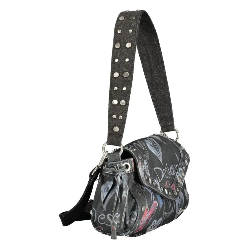 Black Desigual Staccato polyester blend women's bag with colorful abstract print, studded detachable shoulder strap, and flap closure.