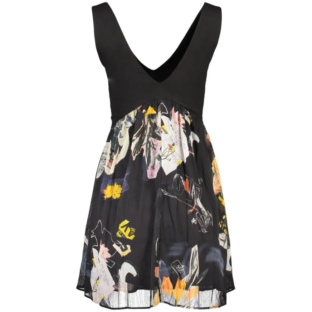 Black Desigual women's short polyester dress with V-neck, wide straps, and vibrant abstract collage print.