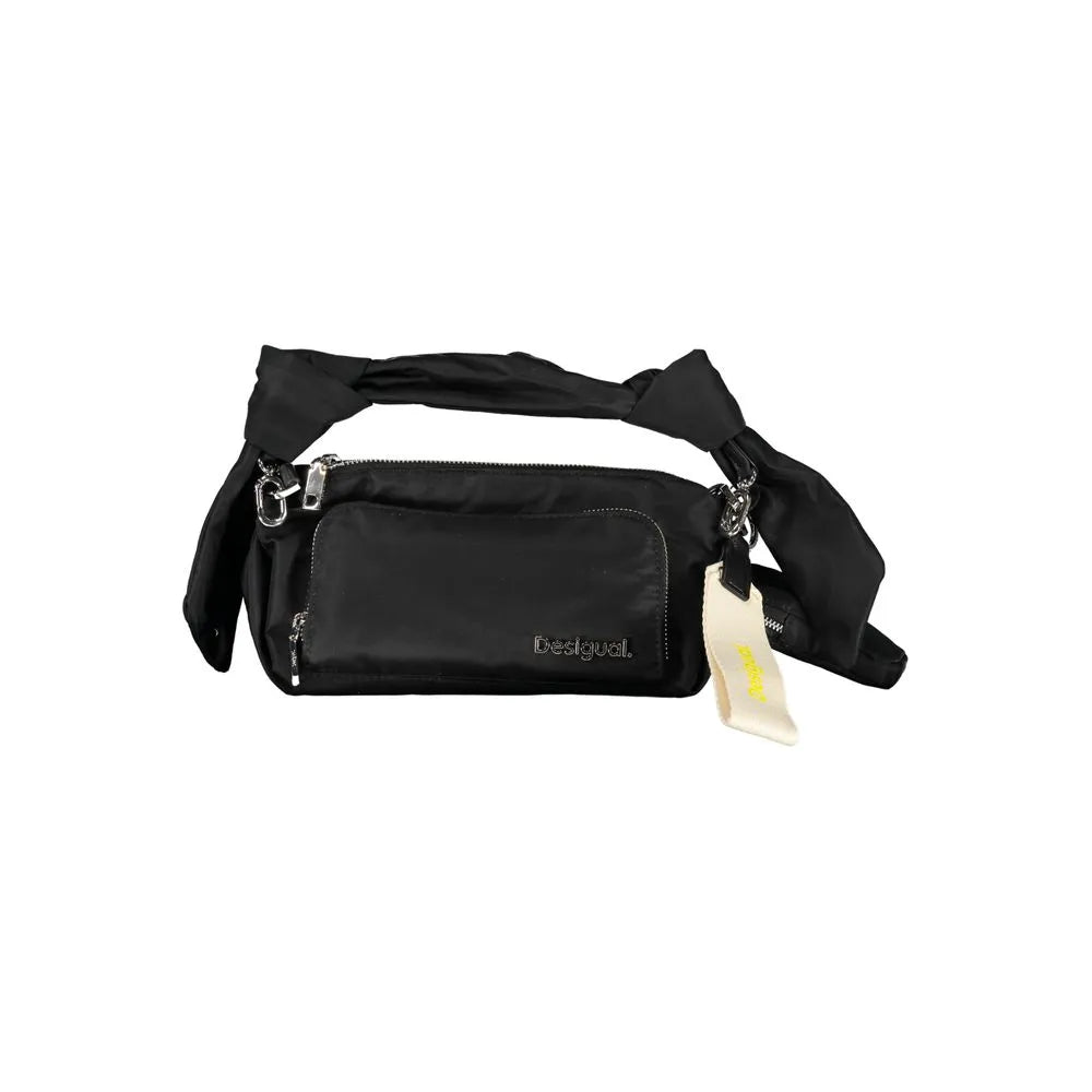 Black Desigual polyester women's handbag with zip closure, front pocket, knotted strap, and removable coin purse.