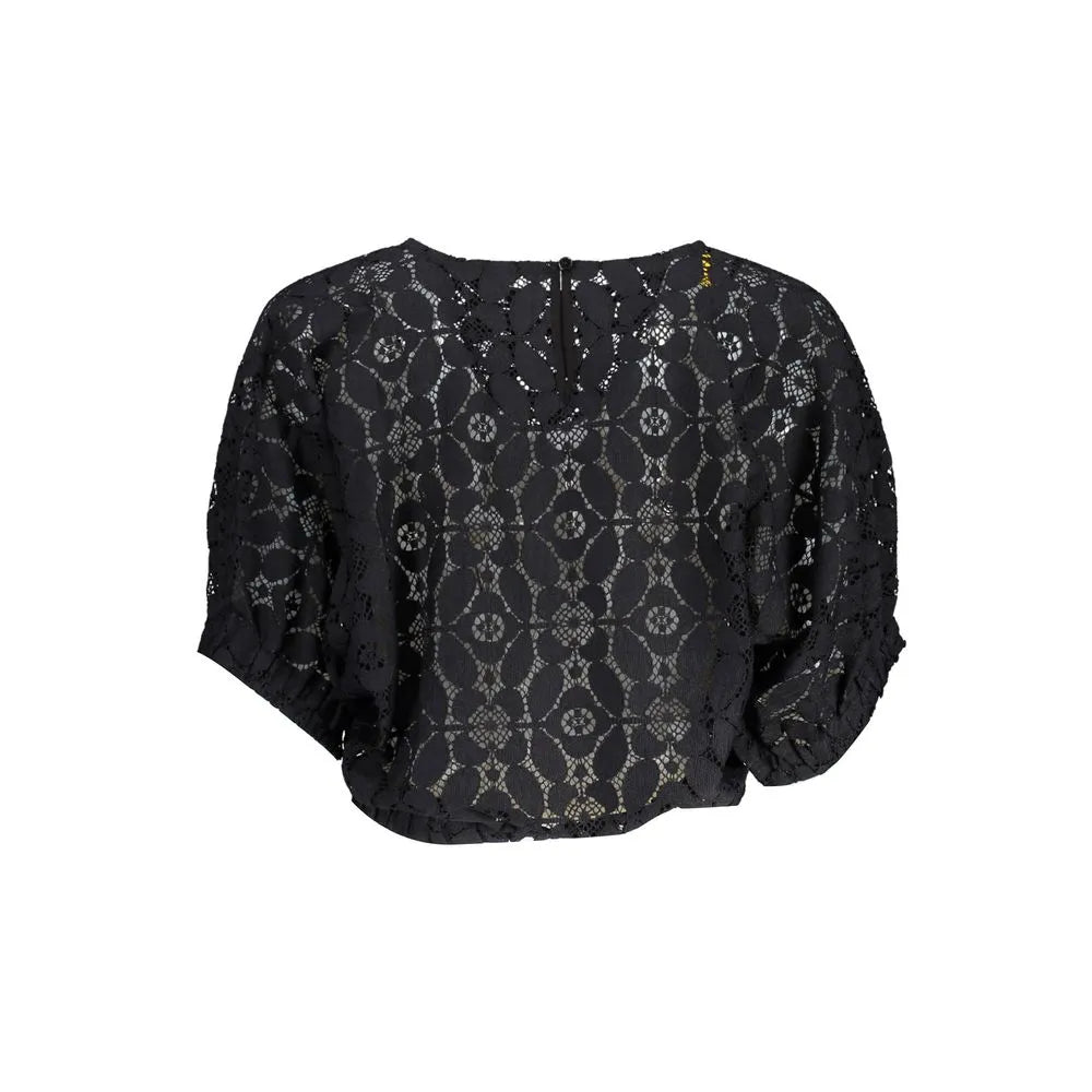 Black polyester women's blouse with short batwing sleeves, round neck, and a delicate floral lace pattern.