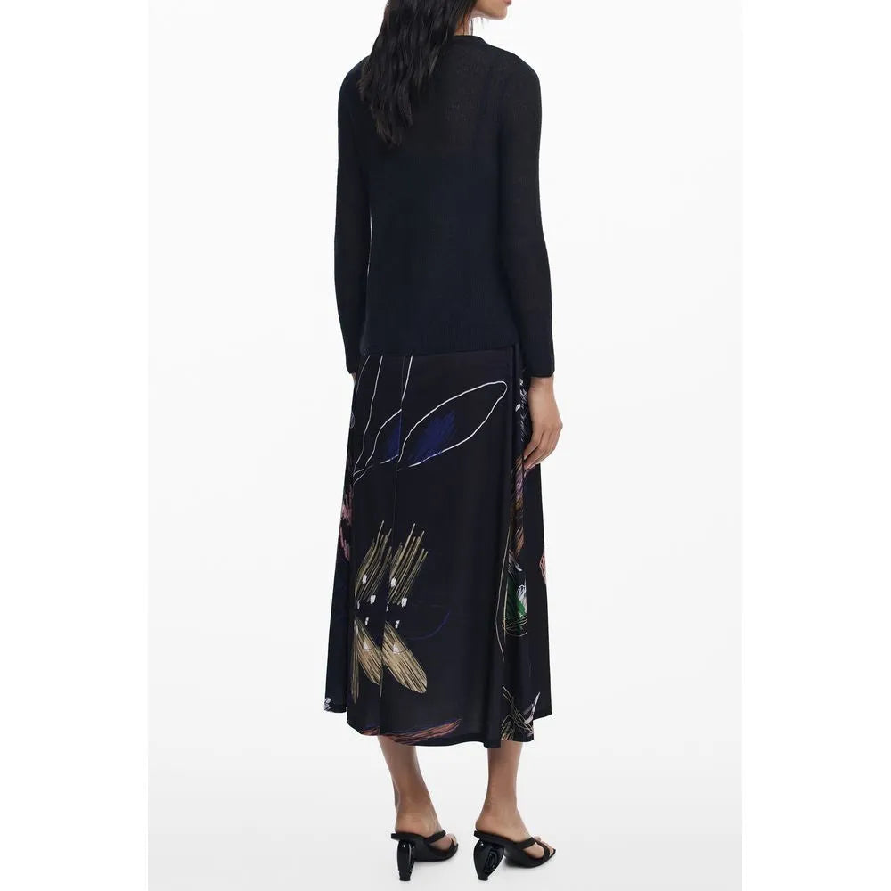 Black Desigual Kala long dress with a colorful abstract print midi skirt and long sleeves, polyester blend.