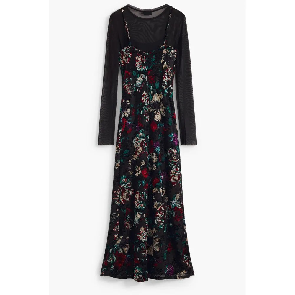 Black polyester women's dress with sheer long-sleeve mesh top layered under a vibrant floral midi slip dress.