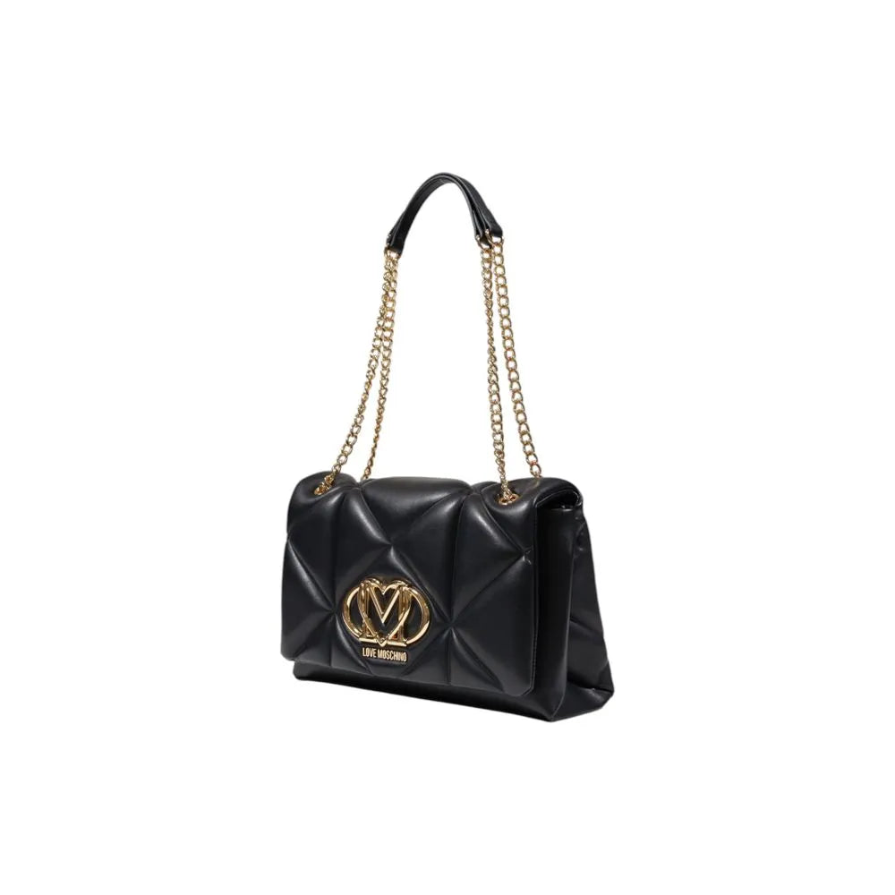 Black Love Moschino medium polyurethane shoulder bag with quilted geometric pattern, gold chain strap, and M logo.