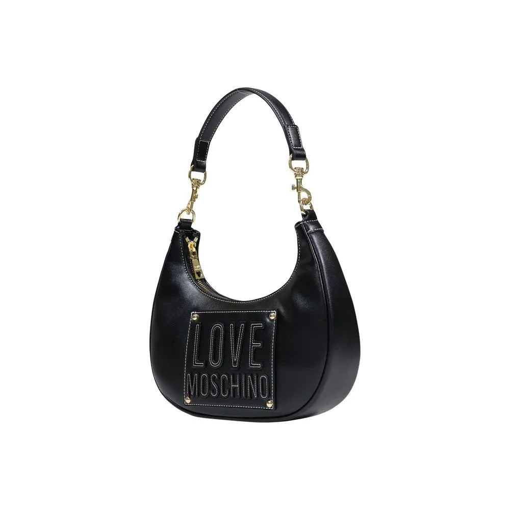 Black Love Moschino hobo shoulder bag made of polyurethane, featuring a single strap, gold hardware, and white stitched logo.
