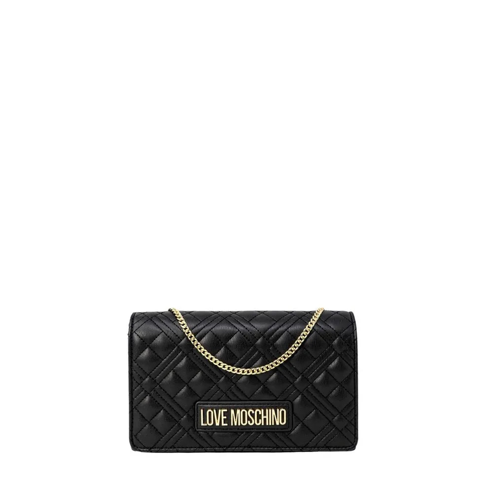 Love Moschino black quilted PU small crossbody bag with gold chain strap and logo.