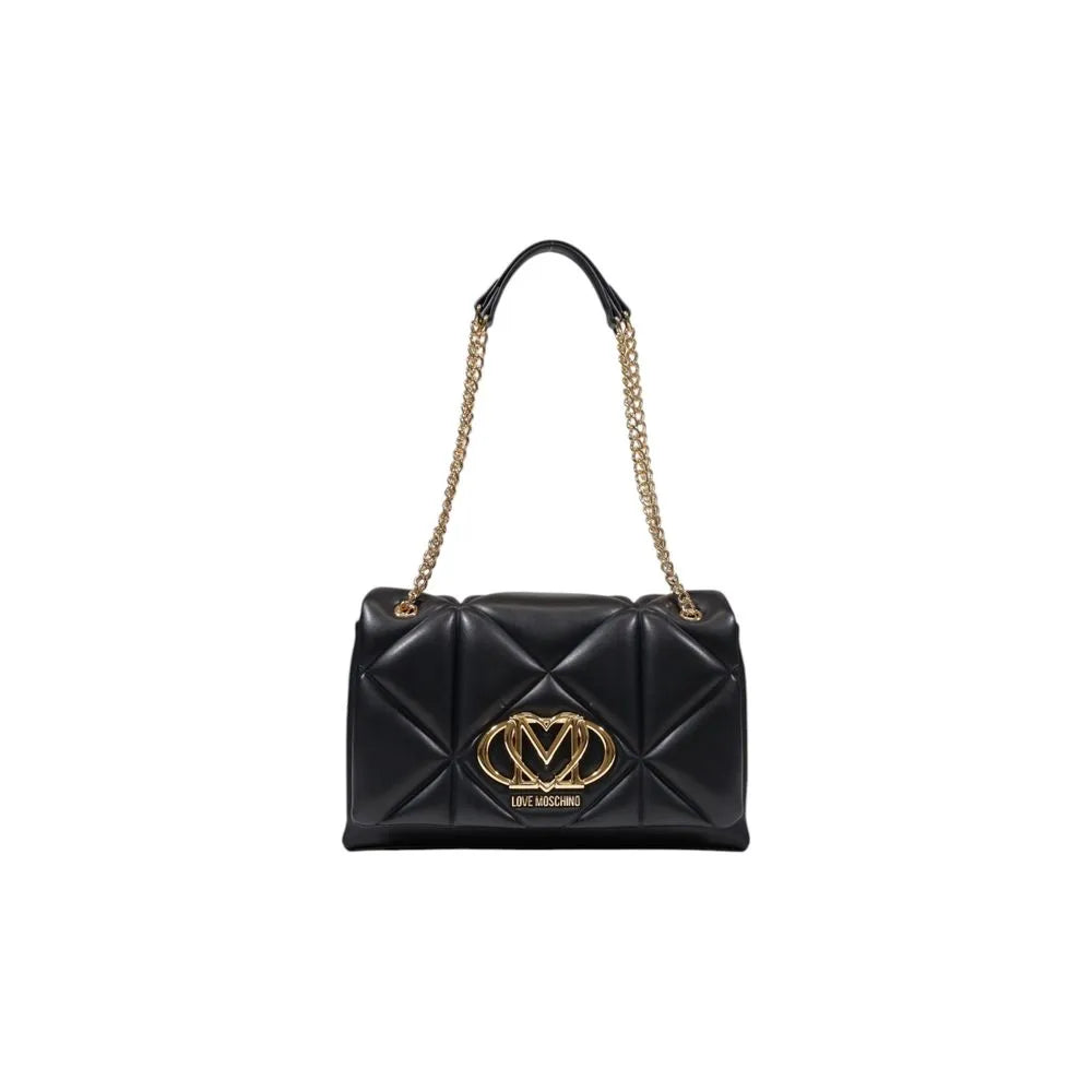 Love Moschino black medium polyurethane handbag with quilted geometric pattern, gold logo, and chain strap.