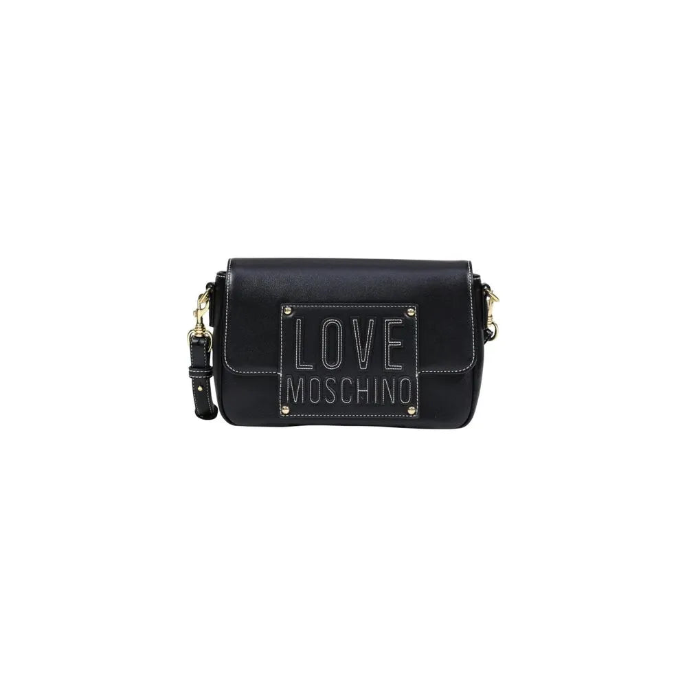 Black Love Moschino polyurethane crossbody bag with embossed logo, gold hardware, and white stitching.