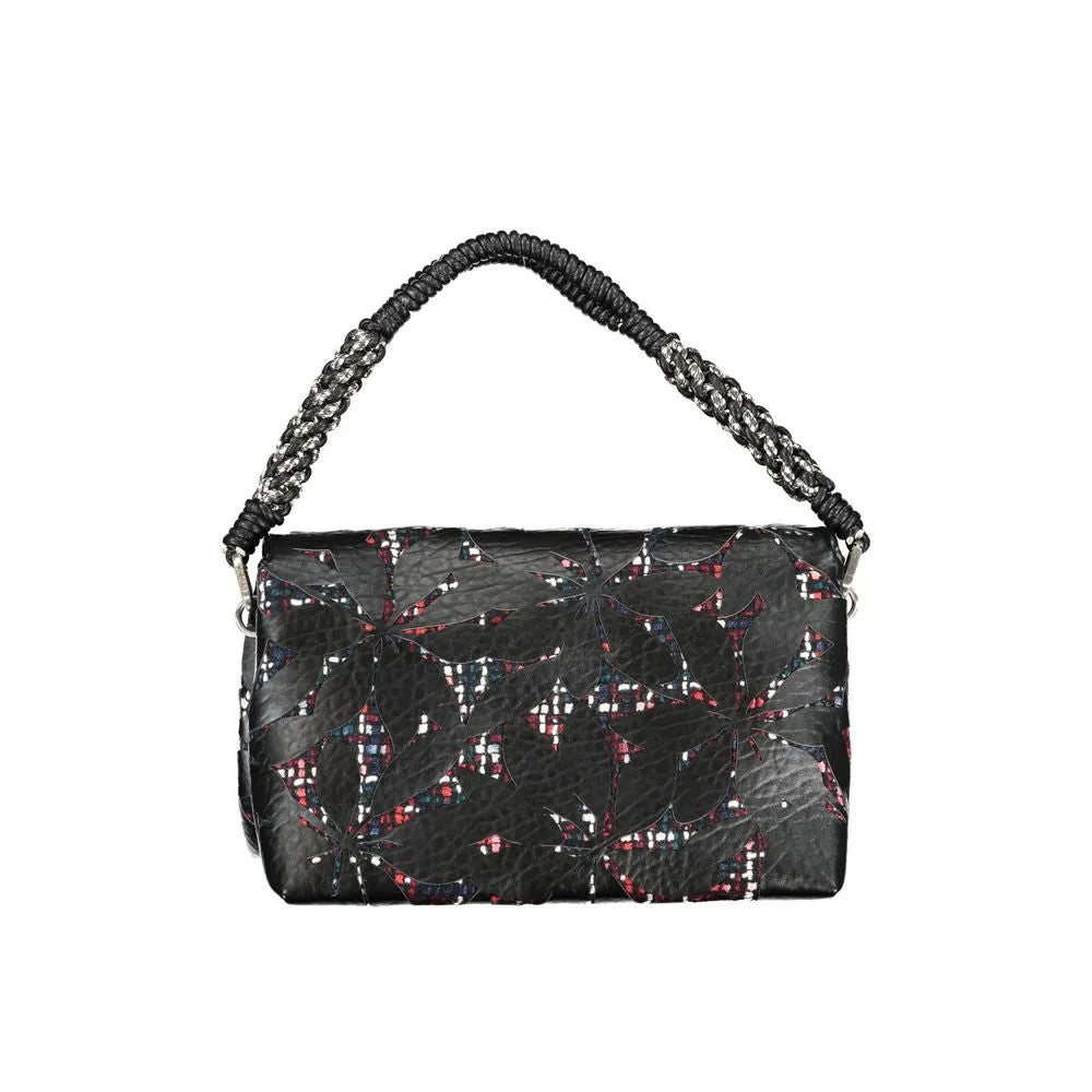 Black Desigual women's polyurethane handbag with contrasting red, white, blue abstract pattern and braided handle.
