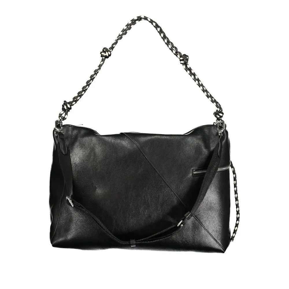 Black polyurethane women's handbag with braided shoulder strap, adjustable crossbody strap, and front zip pocket.
