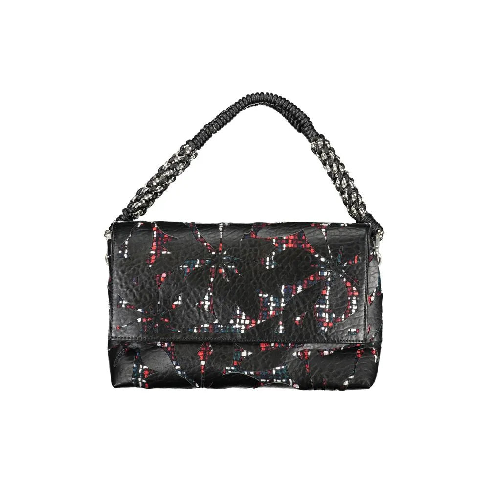 Black polyurethane handbag features a textured, colorful abstract pattern and braided handle.