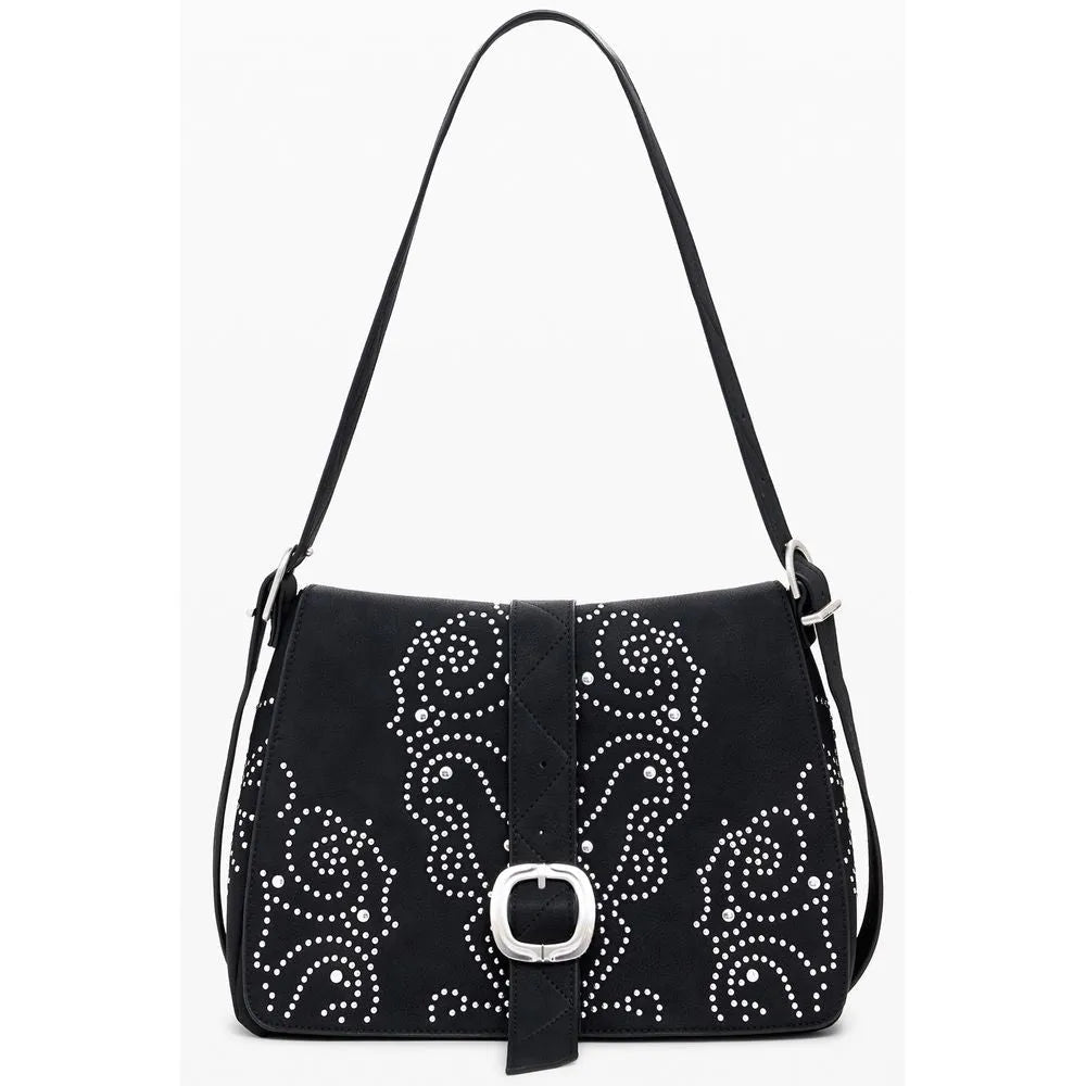 Black polyurethane women's shoulder bag with intricate silver stud swirl patterns and a decorative buckle.
