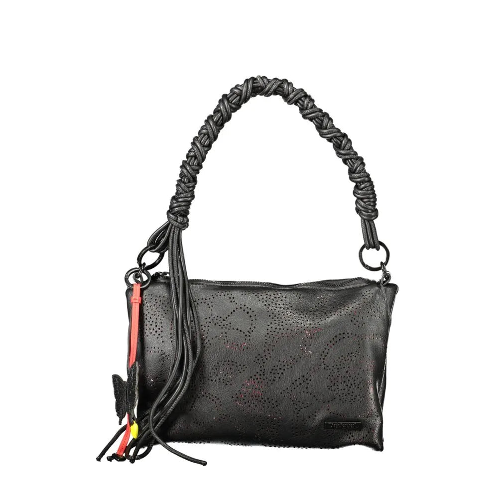 Black polyurethane Desigual handbag with braided handle, perforated design, red accents, tassels, and colorful keyring.