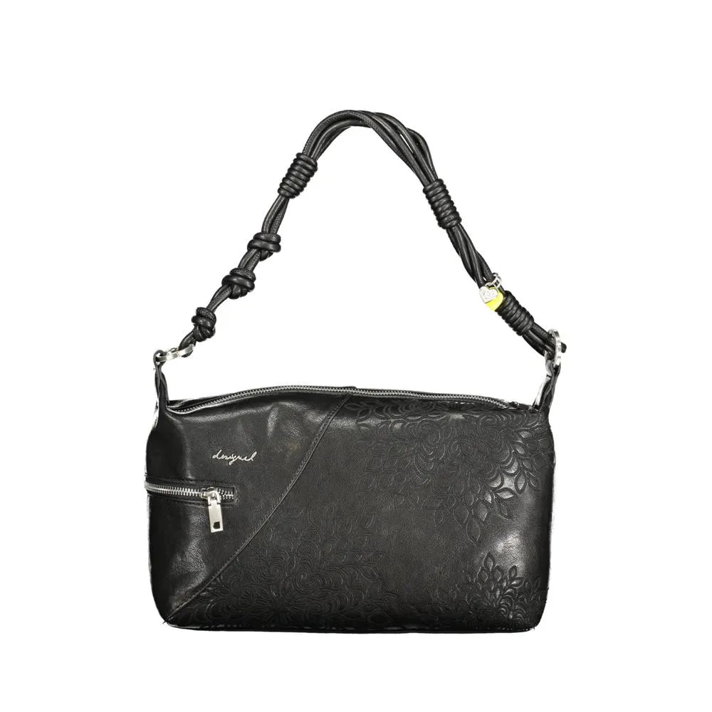 Black Desigual polyurethane women's shoulder bag with embossed floral pattern, front zip pocket, and knotted strap.