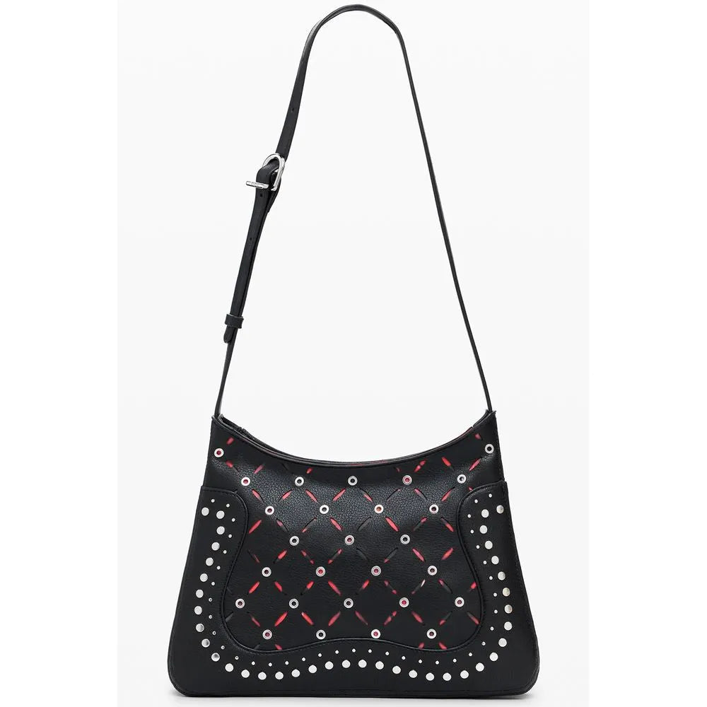 Black polyurethane women's shoulder bag with red lattice cutouts, silver studs, and adjustable strap.