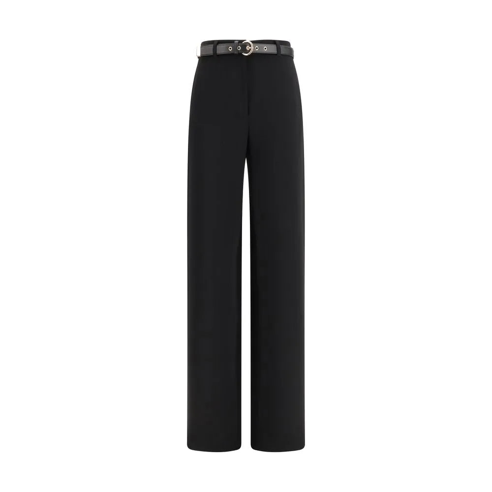Black triacetate wide-leg dress pants with a high waist and dark leather belt.