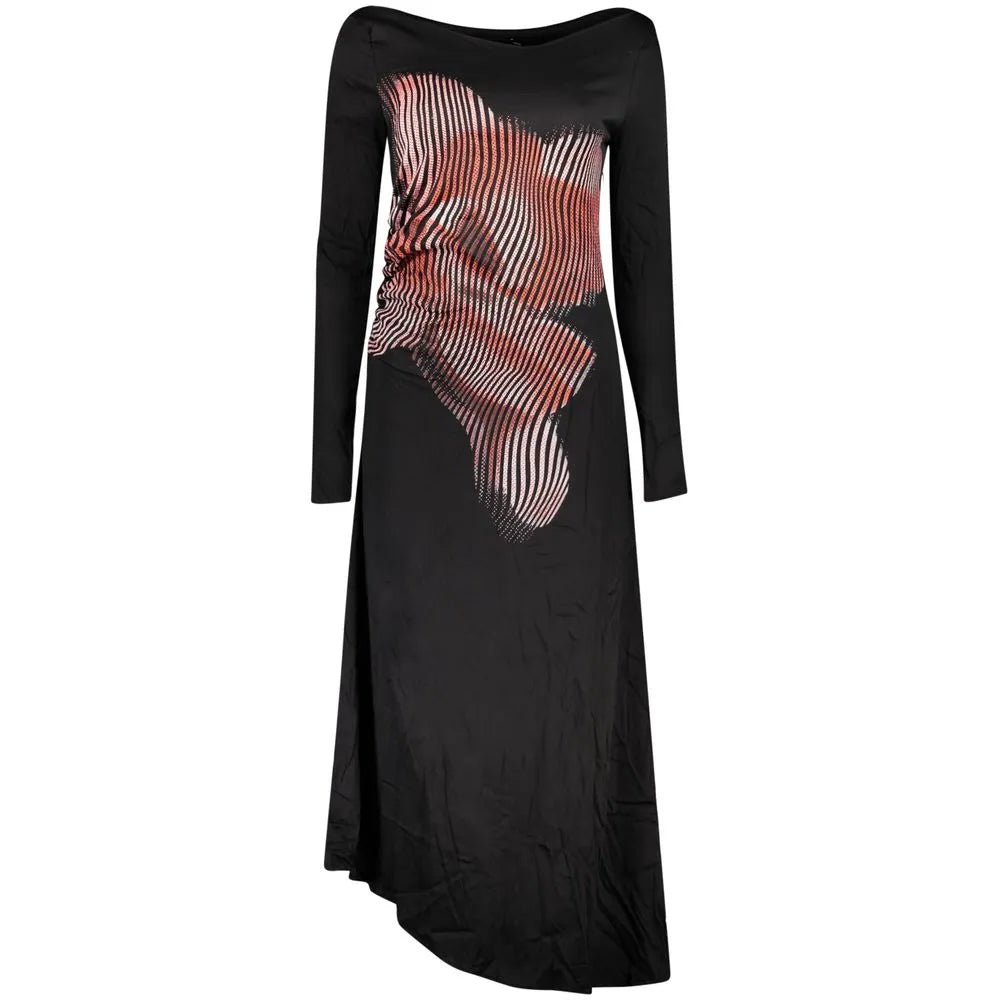Women's Desigual black viscose long dress with boat neck, long sleeves, asymmetrical hem, and bold orange wavy pattern.