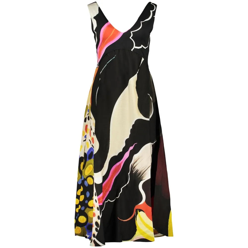 Black viscose maxi dress with V-neck, wide straps, and a vibrant abstract op art print in pink, yellow, and white.