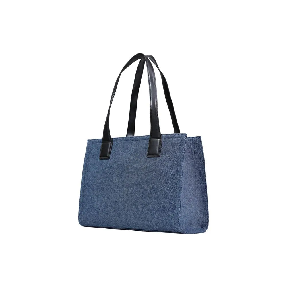 Modern blue cotton blend tote bag with black faux leather handles.