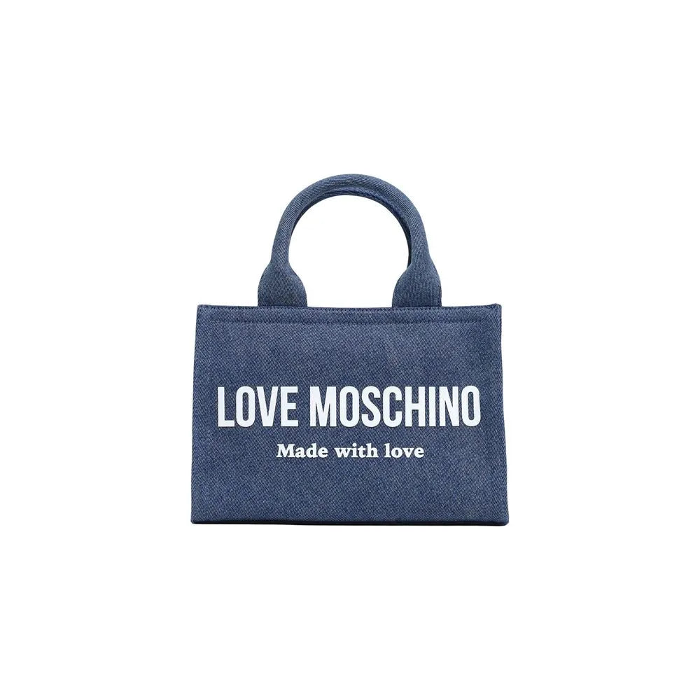 Medium Love Moschino blue cotton blend structured handbag with short handles, white logo, and 'Made with love' text.