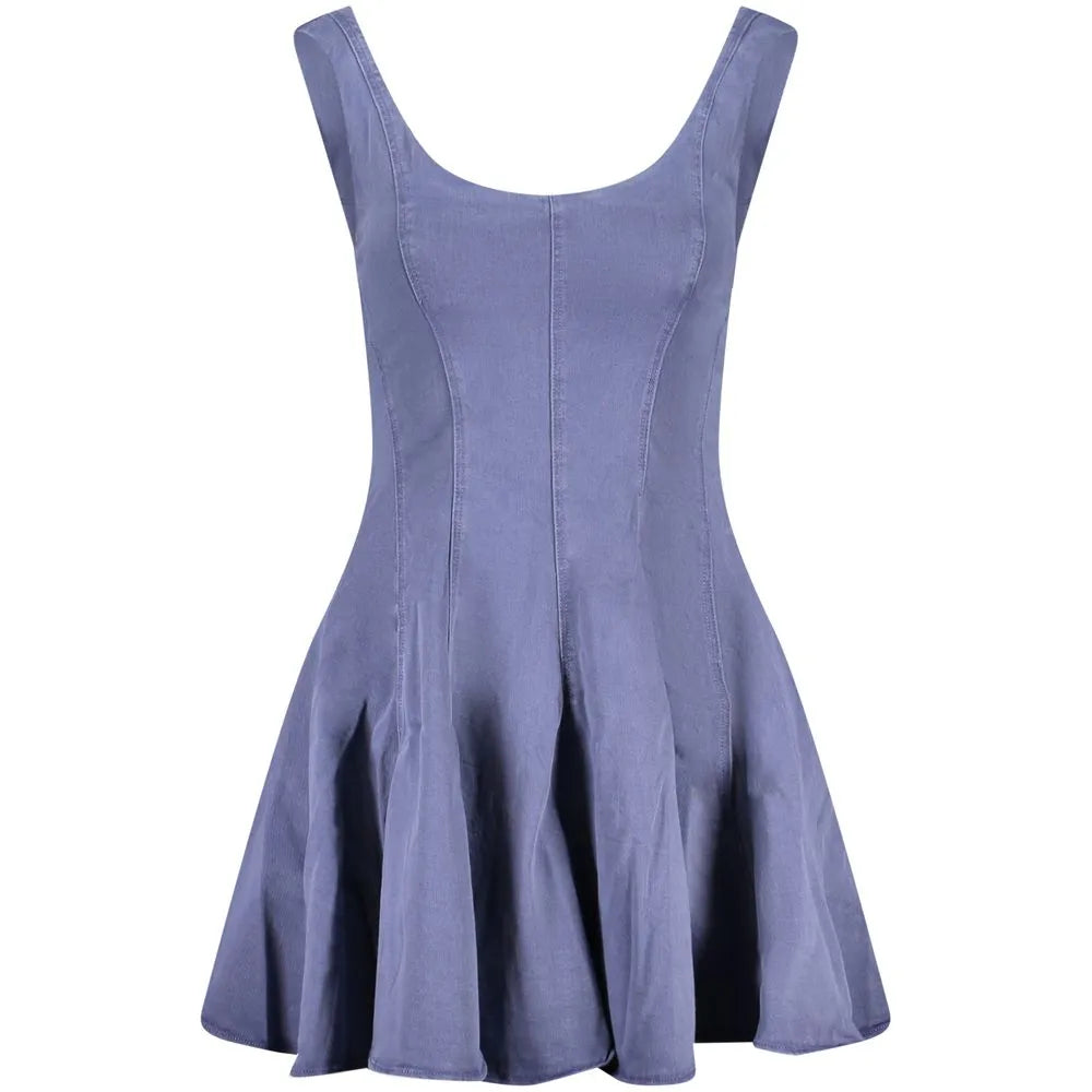 Blue cotton blend women's sleeveless skater dress with scoop neck, fitted bodice, and flared skirt.