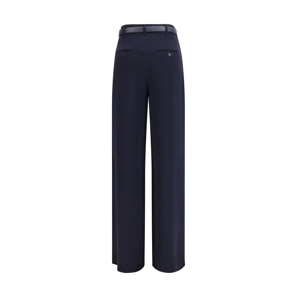 Blue triacetate wide-leg pants, back view, with a dark belt, rear buttoned double-welt pockets, and waist darts.
