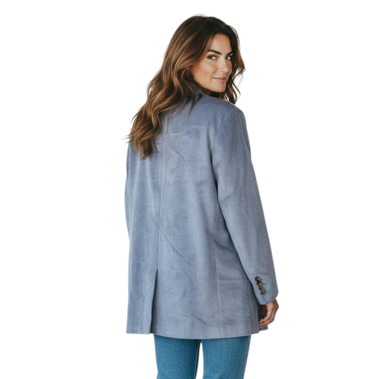 Brunello Cucinelli sky blue viscose coat with ribbed texture, worn by a woman.