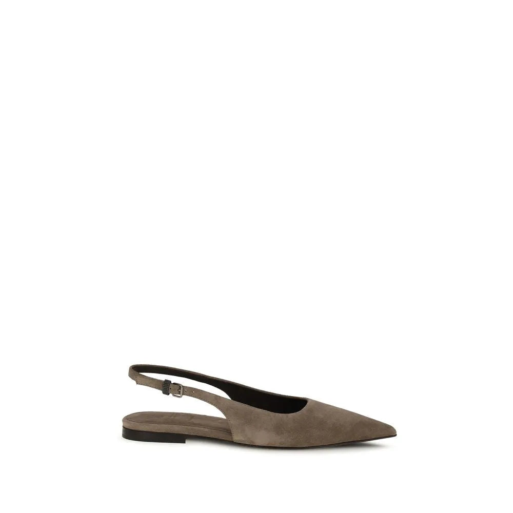 Taupe suede ballet flats with a pointed almond toe and adjustable slingback buckle strap.