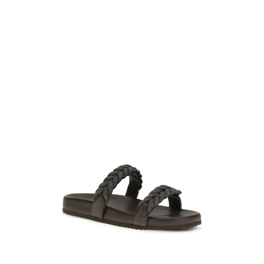 Brown calf leather flat sandals with two embellished braided straps and a comfortable sole.