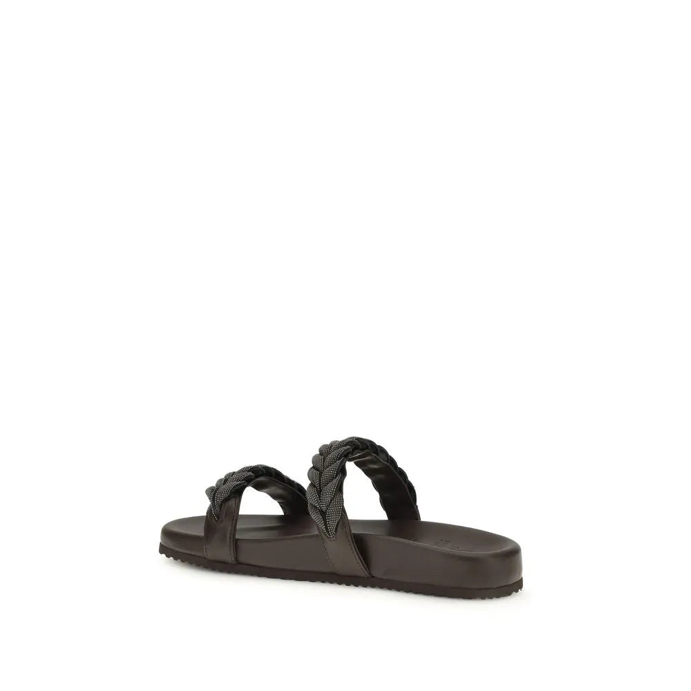Brown calf leather flat sandals featuring two dark, braided straps with a subtle metallic sheen.
