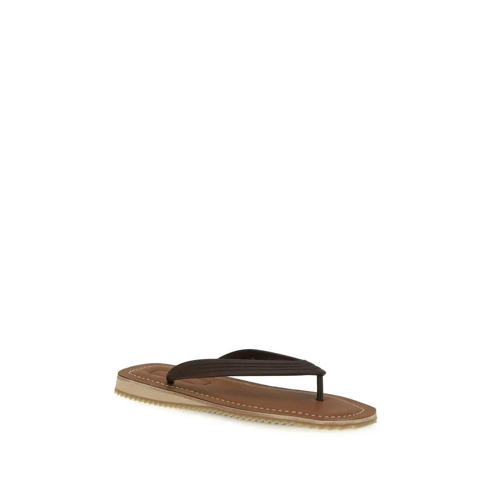Brown calf leather flip-flop sandal with dark brown straps, tan rubber sole, and visible white stitching.