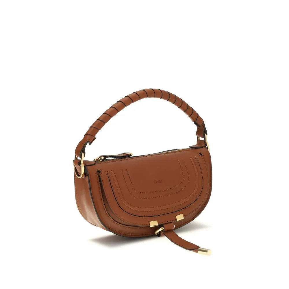 Chloé Marcie mini brown calf leather shoulder bag with braided handle, saddle stitching, and gold hardware.