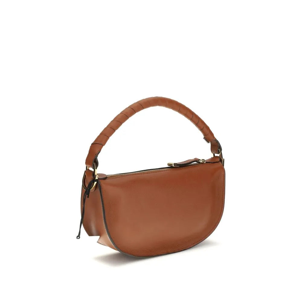 Smooth brown calf leather shoulder bag with a crescent shape, wrapped top handle, gold-tone zipper, and black piping.