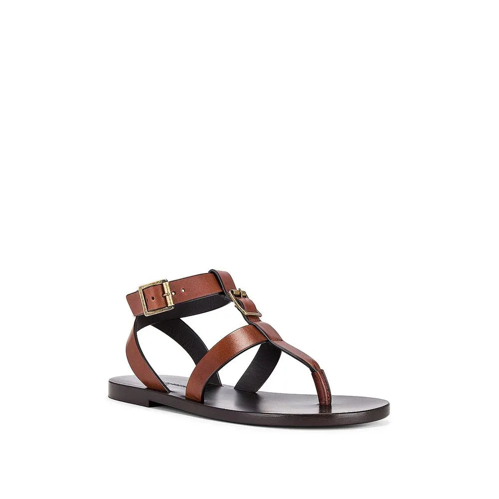 Italian brown calfskin flip-flop sandals for women, with ankle strap and brass buckles.