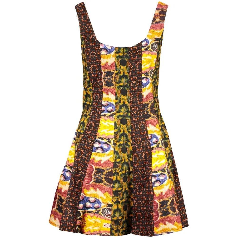 Desigual Giallo cotton blend mini dress with a vibrant abstract pattern, wide straps, boat neckline, and contrasting vertical panels.