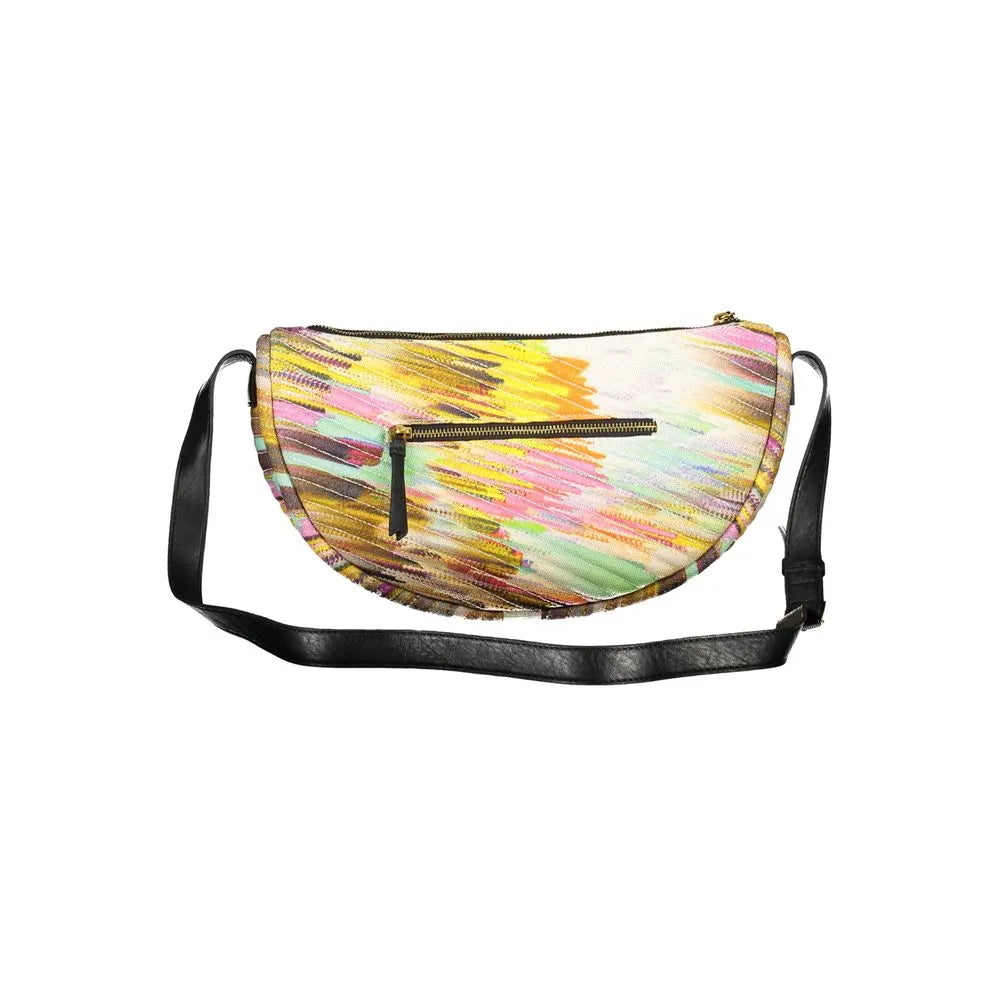 Vibrant polyester half-moon shoulder bag with abstract colorful brushstroke pattern, black strap, and gold zip pockets.
